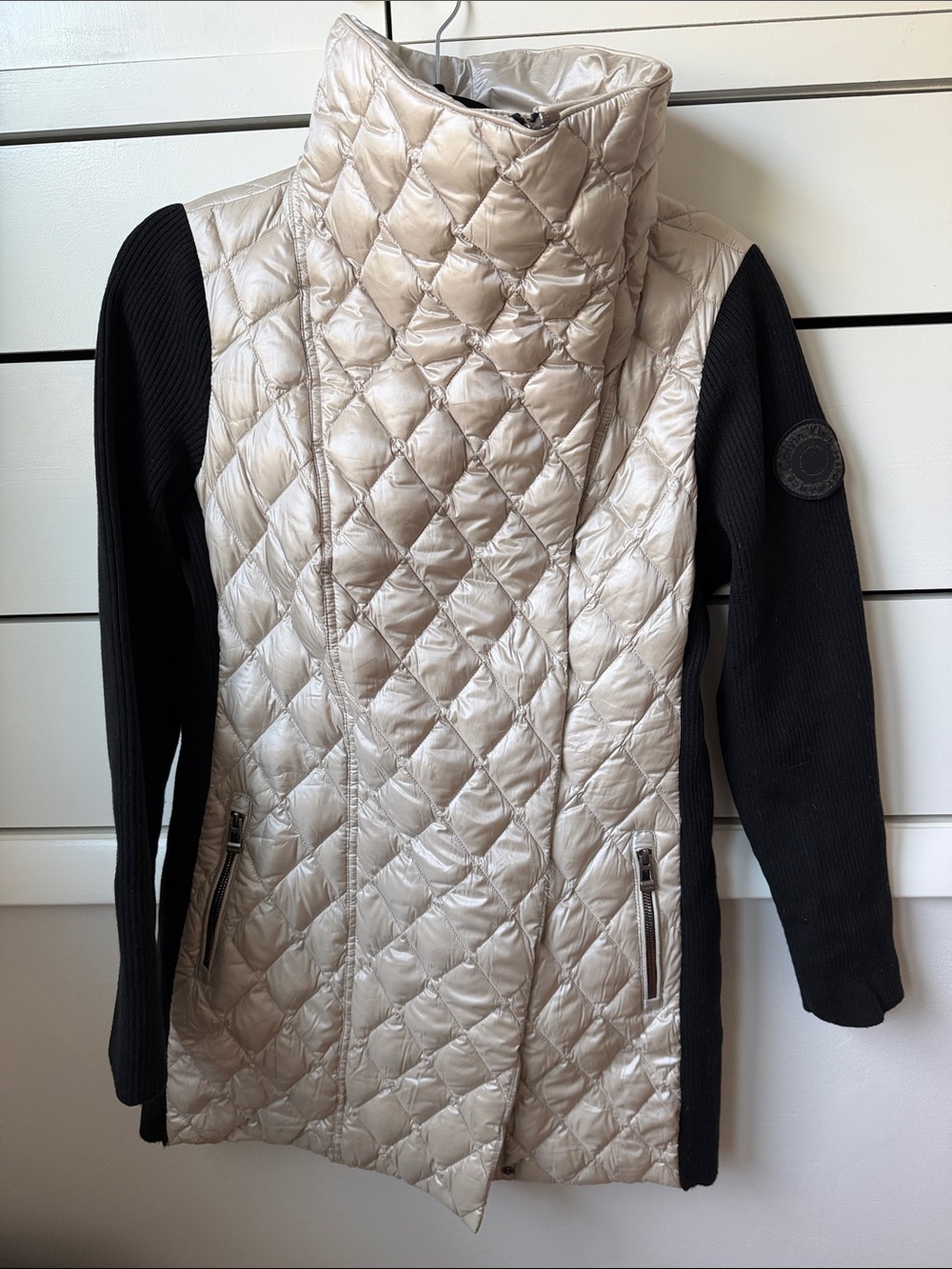 Quilted Light Beige & Black Women's Hybrid Coat